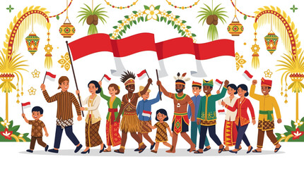 Fototapeta premium Celebrating national pride, diverse Indonesian people in traditional attire proudly march with flags, symbolizing unity and rich heritage.
