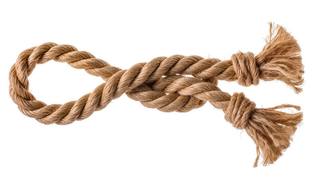 Thick natural fiber rope with two knots and frayed ends