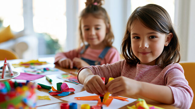 Children doing colorful arts and crafts at a table