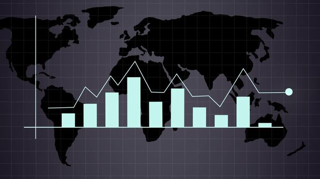 World map with financial bar graph overlay animation. Global world map with financial bar graph for trade trend forecasting. Corporate world map with bar graph.