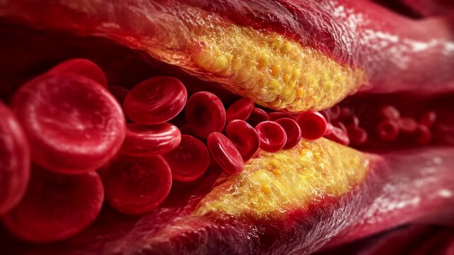 Blocked artery cholesterol plaque restricting red blood cells flow, dangerous atherosclerosis medical disease and cardiovascular heart risk concept, microscopic 3D animation