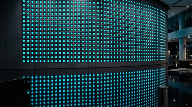Large modern digital screen wall with many blue LED lights glowing in a dark interior space.