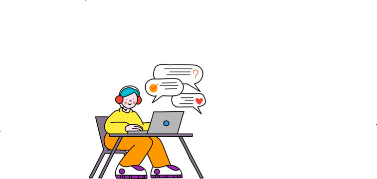 Illustration Customer support operator working on laptop, online communication and help concept