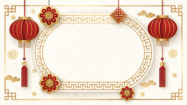 Chinese New Year celebration frame with red lanterns and golden decorations on white background transparent background