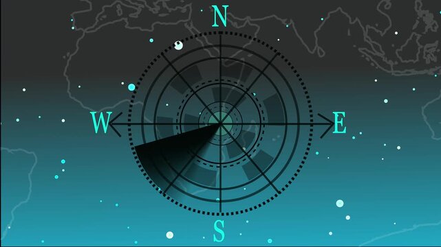 Digital compass with world map background and particles. Global digital compass with world map background for exploration guidance graphics. Modern digital compass.