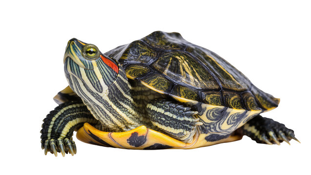 Red-eared slider turtle with yellow and black stripes on neck and legs