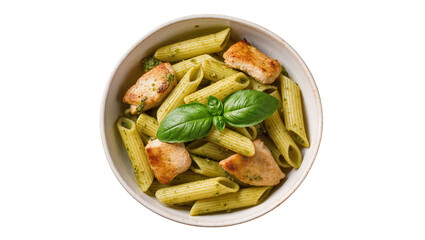Naklejka premium Penne pasta with grilled chicken and basil pesto sauce in a bowl