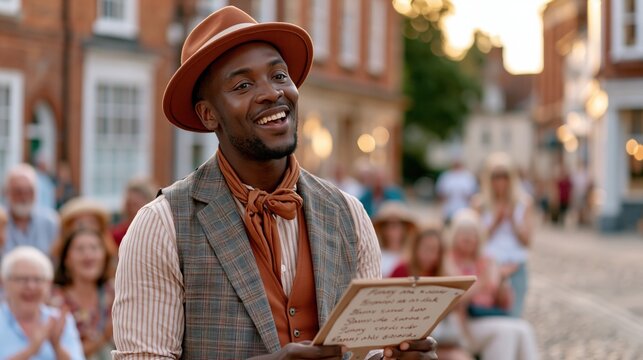 Clerihew Day: A charismatic street performer reciting a humorous clerihew poem to a laughing crowd in a charming cobblestone British town square, holding a handwritten sign with funny rhymes