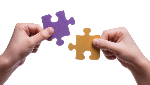 Hands holding purple and gold puzzle pieces