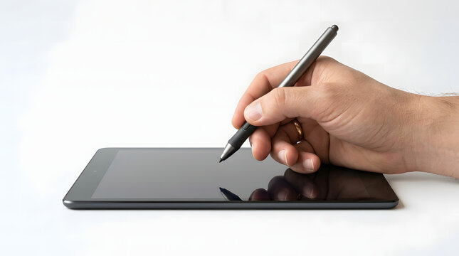 A Data Analysist's hand with stylus on a digital tablet, performing precise data and interactive analysis, essential for efficient information processing