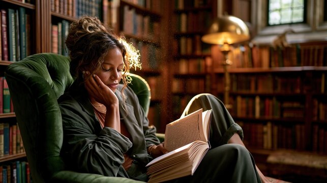 Clerihew Day:An elegant reading nook inside a grand historic library, a single reader sitting in a green velvet armchair laughing quietly while reading a slim poetry book open to a clerihew page 