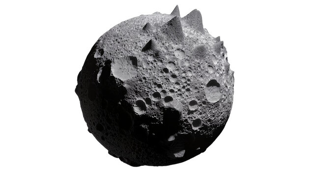 Cratered asteroid with sharp peaks, gray rocky surface