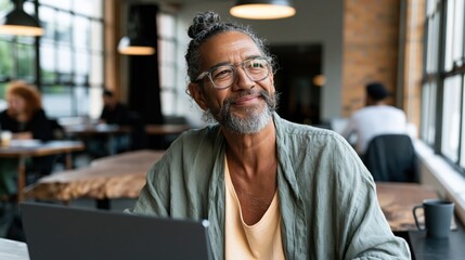 Obraz premium Thoughtful mature man with glasses working on laptop in cafe portrait for business background and website banner with warm window light