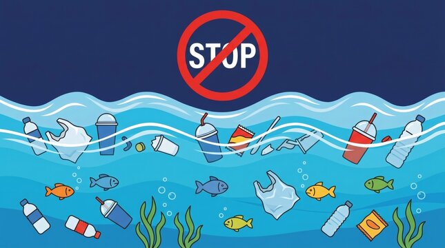 Stop Plastic Pollution in Ocean with Marine Life and Warning Sign.