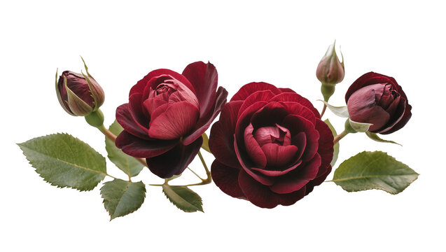 Dark red roses and buds with green leaves on white
