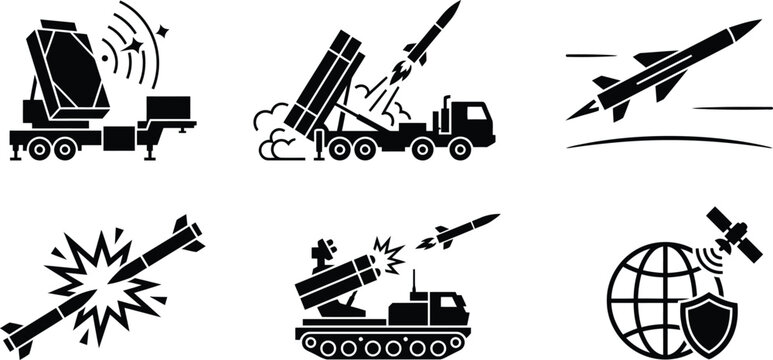Set of black and white missile defense system icons.