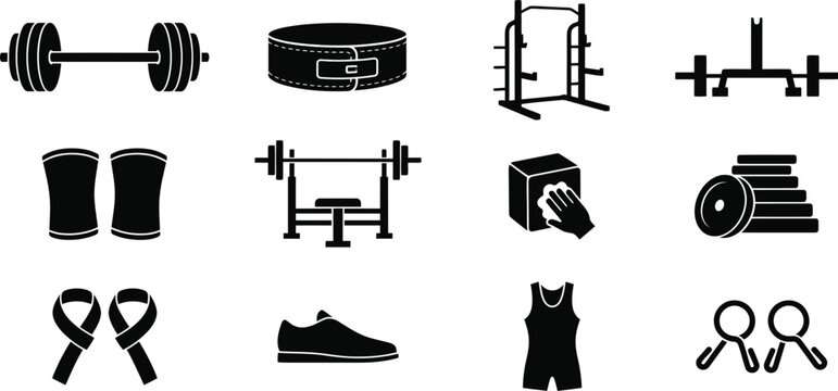 Set of black and white powerlifting and gym equipment icons.