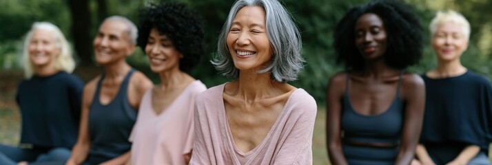 Fototapeta premium Diverse group of smiling mature women meditating outdoors in a park for wellness retreat banner and community background for health and mindfulness