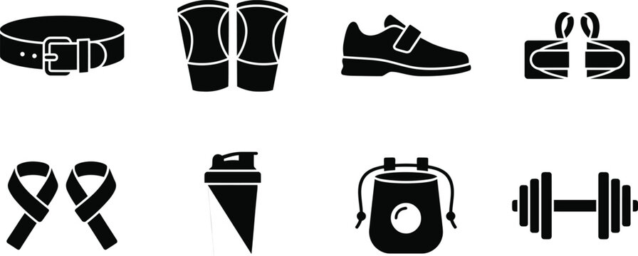 Set of eight black gym and fitness equipment icons.