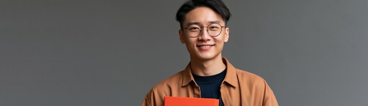 Young man holding red folder smiling against grey background for corporate profile background and banner design