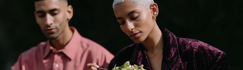 Fototapeta premium Stylish models eating salad in a moody setting for healthy lifestyle editorial and food portrait background