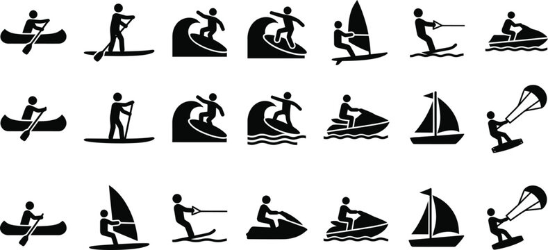 Set of water sports and recreational activity icons.