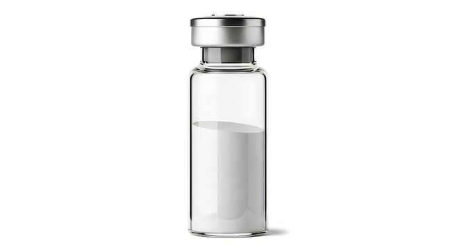 Empty glass vial with metal cap on white background
