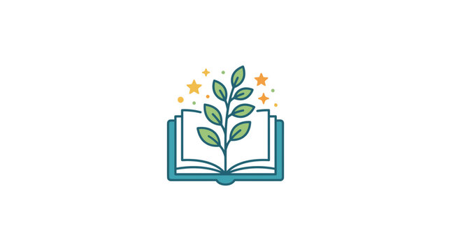 Open book with growing plant and stars, symbolizing knowledge and growth