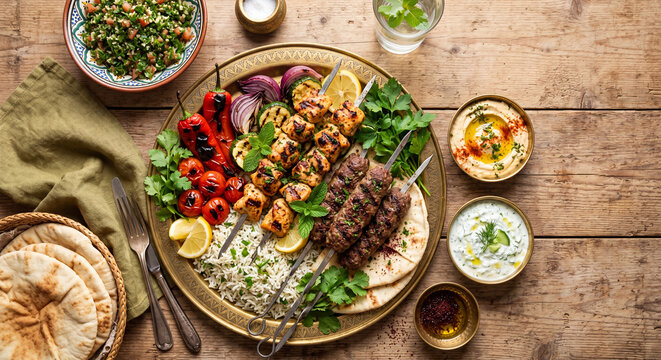 Halal grilled chicken and kofta kebab platter with rice grilled vegetables hummus and pita