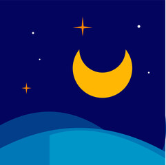 Naklejka premium Minimalist night desert landscape with a yellow crescent moon and stars over rolling blue dunes.