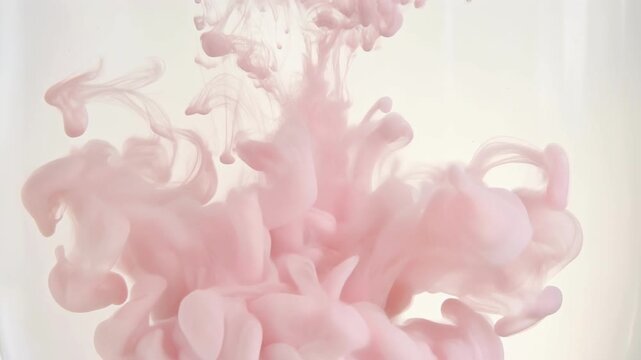 Soft pink ink swirling in water creating abstract cloud shapes with smooth flow and delicate texture