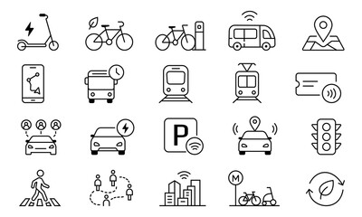 Fototapeta premium Set of smart city and transportation icons, including electric scooter, bike sharing, public transport, carpooling, parking, traffic light, and navigation