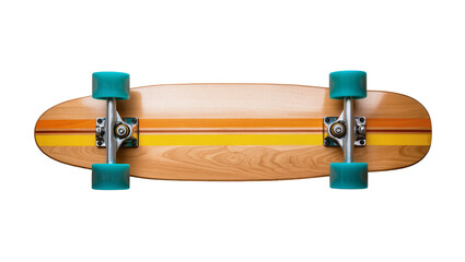 Wooden skateboard with turquoise wheels and orange and yellow stripes © Lisa