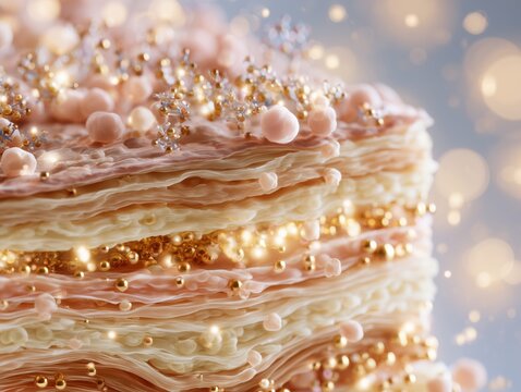 Layered skin matrix cross-section with golden peptide particles and molecules. Luxury anti-aging dermatology cellular regeneration and firming concept.
