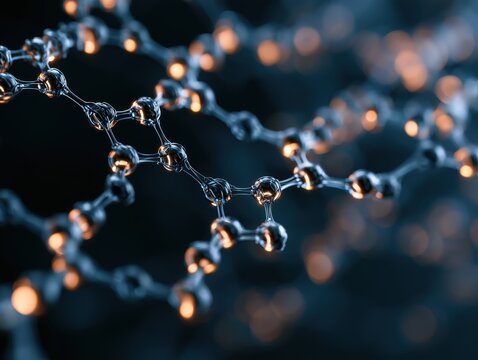 Glowing peptide chain structure with golden nodes on dark background. Advanced anti-aging dermatology molecular science and collagen synthesis concept.