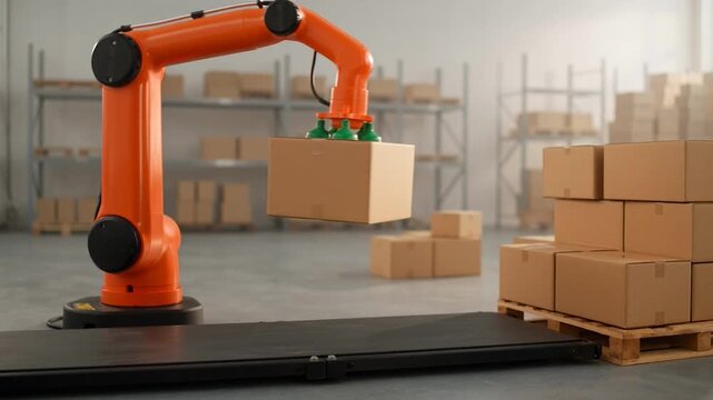 An orange robotic arm lifting a cardboard box on a conveyor belt in a warehouse with shelving and pallets of boxes