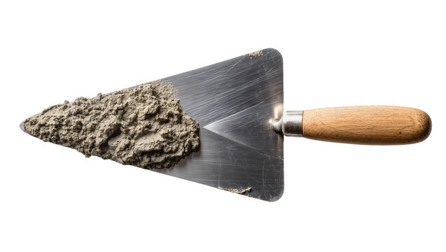Steel trowel with wet concrete mixture and wooden handle