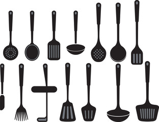 Kitchen utensils silhouette icons set including spatulas ladles slotted spoons and cooking tools isolated on white background © Hasinur
