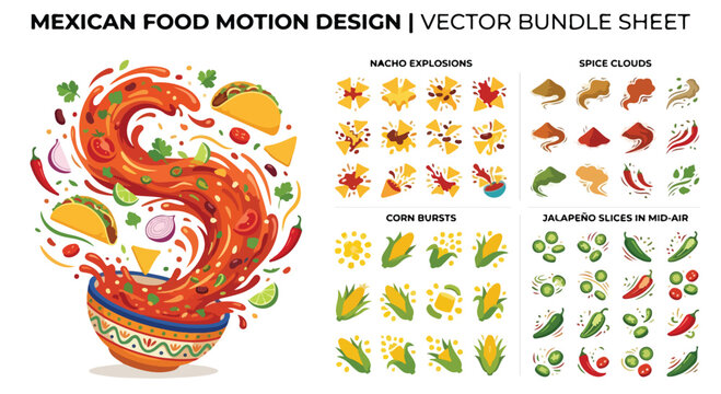 Mexican food motion design vector bundle sheet, spicy salsa splash with tacos and nachos, jalapeno and corn burst animation elements