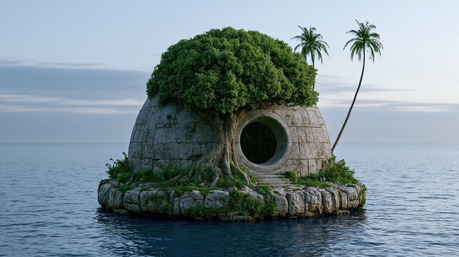 海に浮かぶ大木が根を張る石造りのドームハウス。円形の入り口を持つ孤島の隠れ家と穏やかな波。自然と建築が調和した幻想的な景観