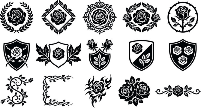 Rose Heraldry Crest and Emblem Silhouette Vector Collection Featuring Shields Laurels Borders and Vintage Floral Ornaments for Branding and Logo Designs