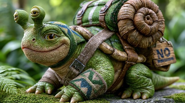 殻を背負った三つ目のファンタジー生物。森の中を旅するカメのような怪物。荷物と看板を運ぶ冒険者