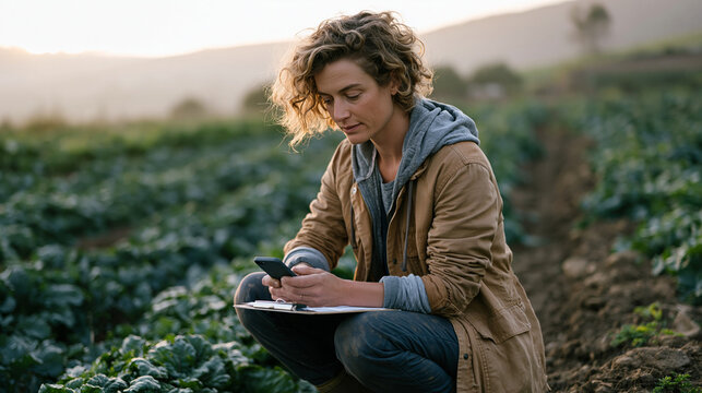 Organic certification field inspector crouches in a vegetable crop row at early morning mist, using a mobile audit app to GPS-tag each field boundary and input application record,