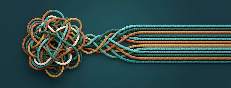 Tangled Colorful Ropes Untangling and Straightening into Parallel Lines, Symbolizing Order from Chaos and Organized Structure