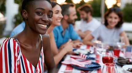 Obraz premium Smiling woman at outdoor social gathering with friends