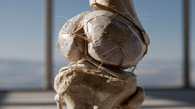 Exploded anatomy label diagram of the human knee joint showing cartilage, ligaments, and bone structure with clinical callout lines, orthopedic medical illustration for physical