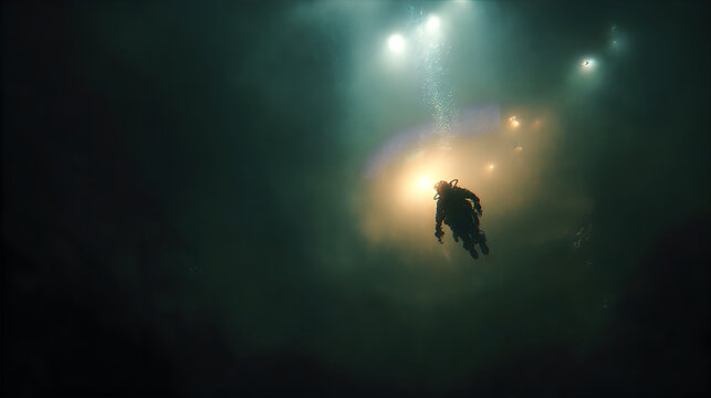 Scuba diver swimming in the deep dark ocean