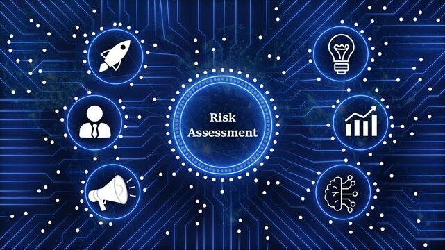 Risk assessment concept with digital circuit board background and animated icons representing various business elements for data analysis and strategy.