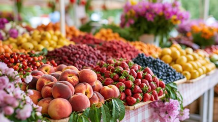 Fototapeta premium Vibrant summer market stall featuring fresh peaches and assorted berries
