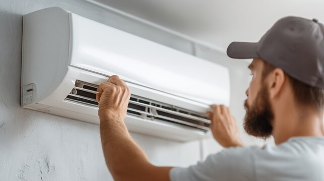Technician repairing a wall mounted air conditioning unit. Professional hvac specialist installing indoor split system. Maintenance and service concept